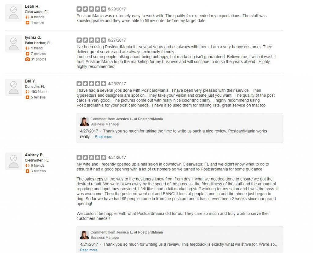 5 start Yelp reviews for PostcardMania