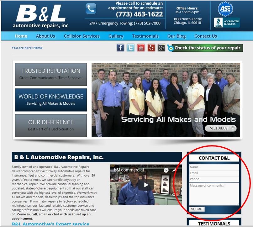 contact form circled on auto repair website