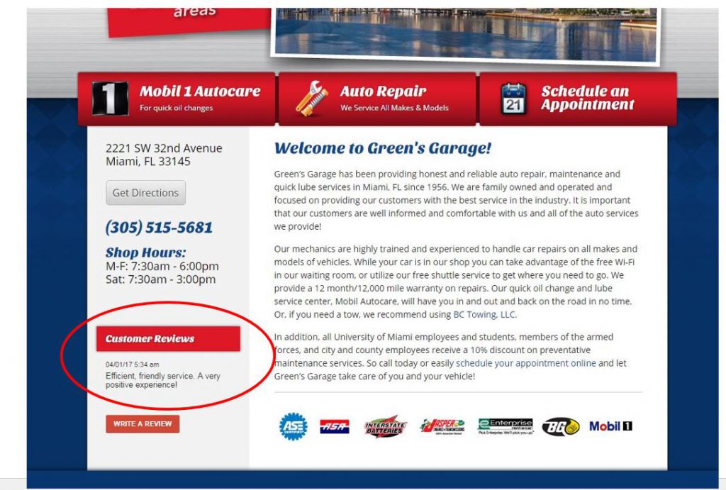 reviews section circled on auto repair website