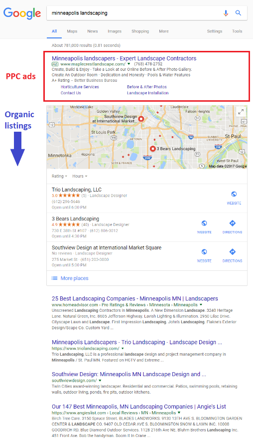 google organic and ppc landscaper results